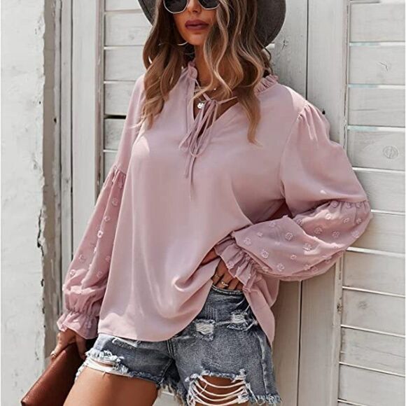 New Chiffon Loose Blouse V-Neck Swiss Dot Casual Long Sleeve Shirt Tops - Picture 1 of 6